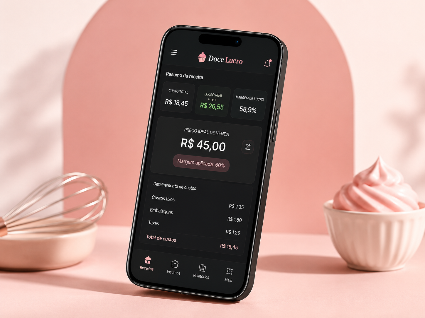 Mockup de celular mostrando o aplicativo Doce Gestão na tela de resumo da receita